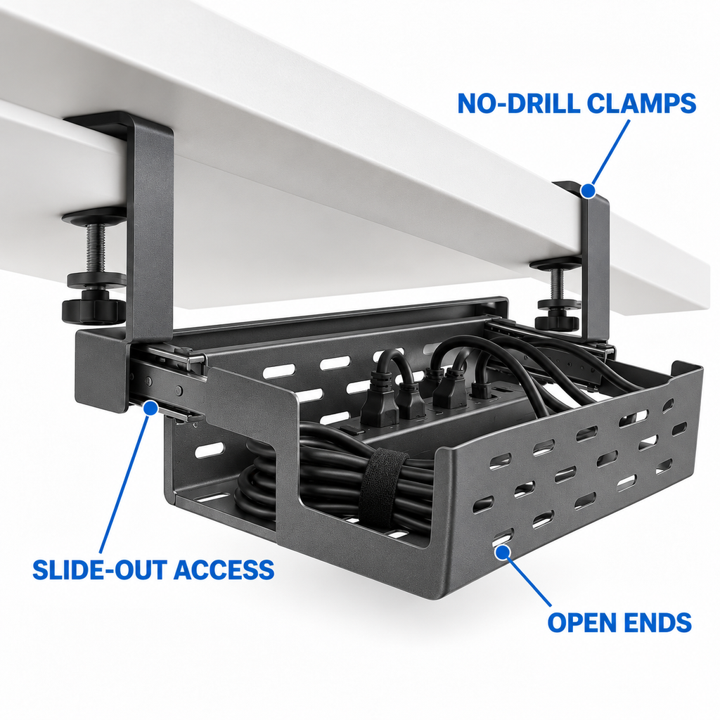 ClampCurve Sliding Under-Desk Cable Tray